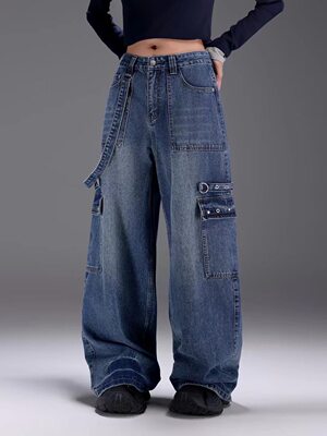 拓谷秋季阔腿工装裤女酷飒风多口袋工装牛仔裤宽松显瘦长裤Q52164