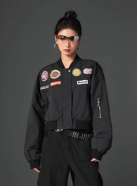 拓谷美式复古辣妹字母刺绣棒球服女秋季短款机车夹克外套女Q40707