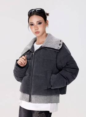 拓谷2025冬季90白鸭绒牛仔拼接羽绒服针织翻领下摆撞色设计D53085