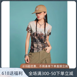 拓谷复古油画短款上衣女修身U领短袖t恤女夏季新款套头T恤X40698