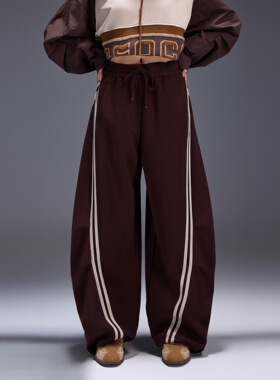 拓谷弯刀休闲裤女秋冬宽松显瘦直筒廓形运动裤条纹阔腿长裤Q52381