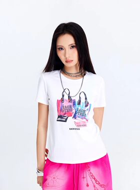 拓谷韩系设计感印花短袖女装夏高级感百搭修身正肩白色T恤X60956