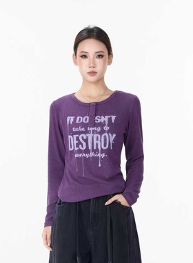 拓谷潮牌新款亨利领印花长袖上衣女修身百搭显瘦磨毛打底衫D53016