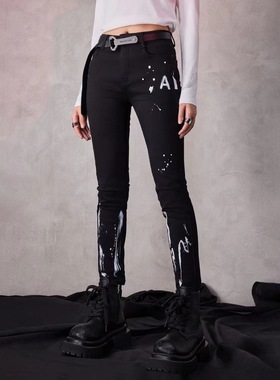 拓谷秋冬新街头潮牌加薄绒牛仔裤女款涂鸦印花修身小脚长裤D40521