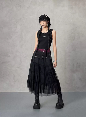 拓谷朋克暗黑风拼接网纱裙蛋糕裙子春女新款辣妹高腰半身裙C50182