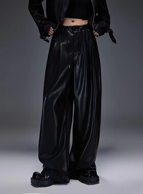 拓谷潮牌黑色PU皮裤女新款蛋白皮松紧腰阔腿裤垂感直筒长裤Q52250