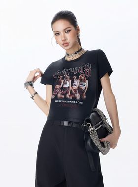 拓谷美式潮牌印花做旧水洗短袖t恤女修身上衣街头T恤夏装X60316