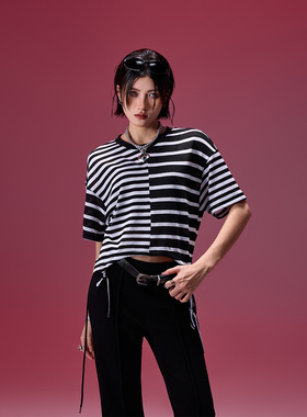 拓谷宽松轻薄透气条纹休闲上衣短袖女t恤慵懒系带圆领T恤X50745