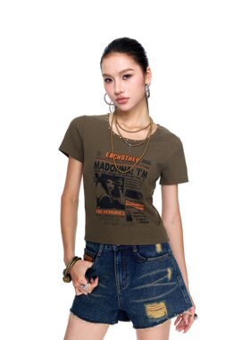拓谷美式设计感印花正肩短袖上衣女夏新款铆钉修身显瘦t恤X60720