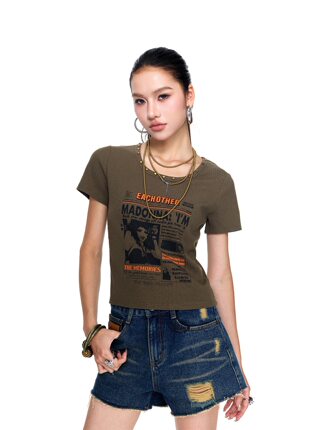 拓谷美式设计感印花正肩短袖上衣女夏新款铆钉修身显瘦t恤X60720
