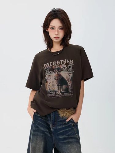 拓谷潮牌德绒圆领短袖T恤新款猫猫印花宽松内搭五分袖上衣 D53028