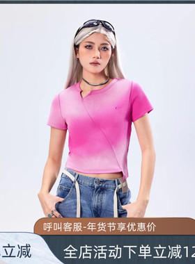 拓谷2025新款潮牌个性街头做旧T恤短款辣妹正肩短袖修身上衣50139