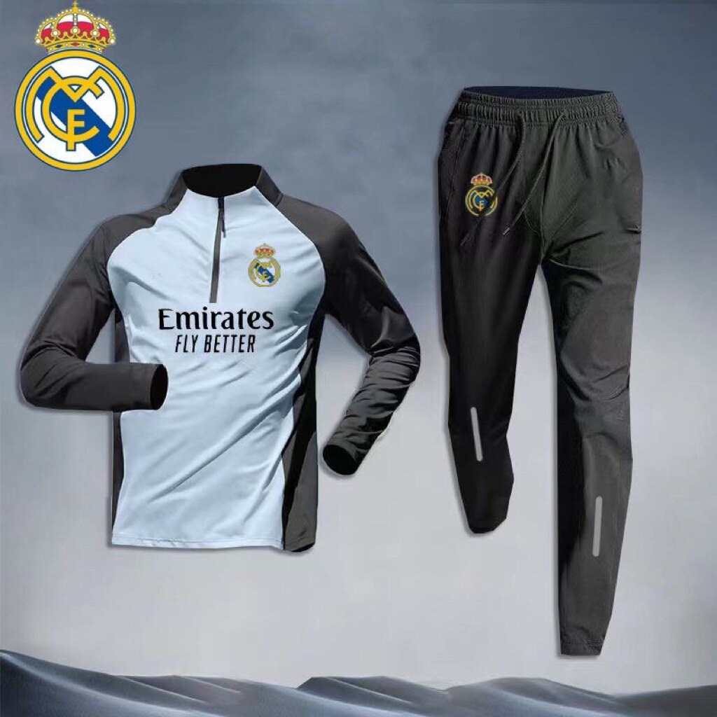 2324 REAL MADRID SAME HALF ZIP FOOTBALL TRAINING JERSEY SPORTS SUIT MENS RUNNING QUICK-DRYING LONG SLEEVE TROUSERS
