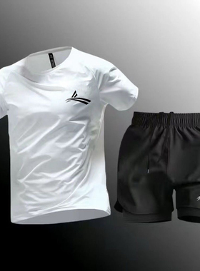 沃兰运动套装男夏季新款速干透气两件套男休闲宽松大码跑步健身服