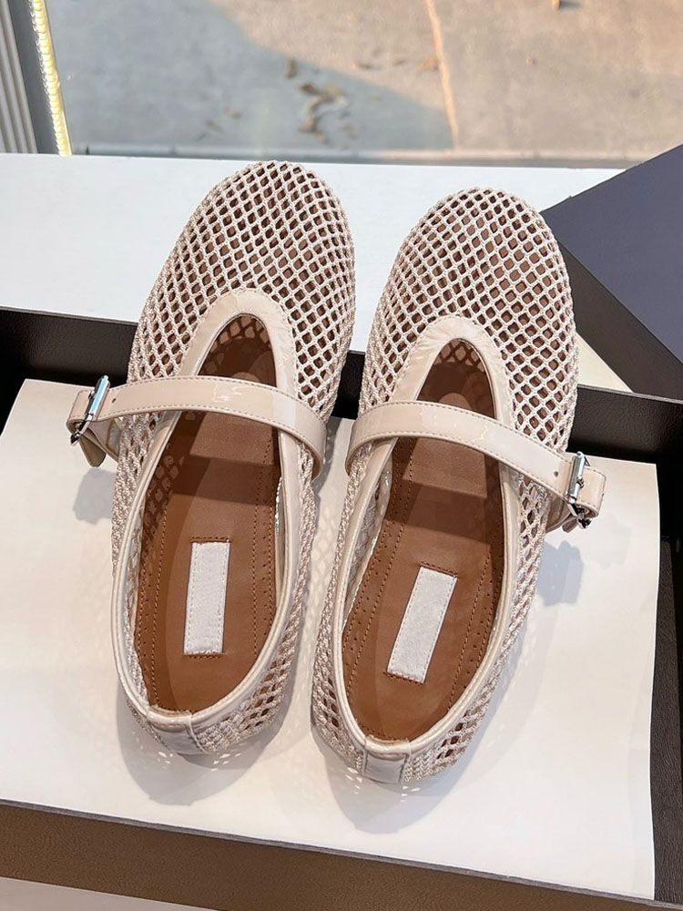 thumbnail for [Haute couture] 25SS fairy mesh buckle strap ballet shoes women's fishing net cut-out Ma flat Lizhen single shoes