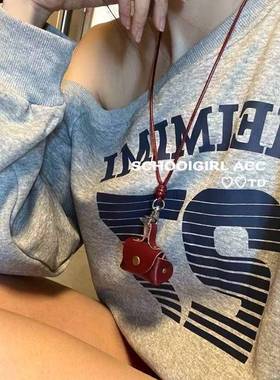 韩国博主同款小众设计款皮质零钱包挂脖项链长款毛衣链配饰女