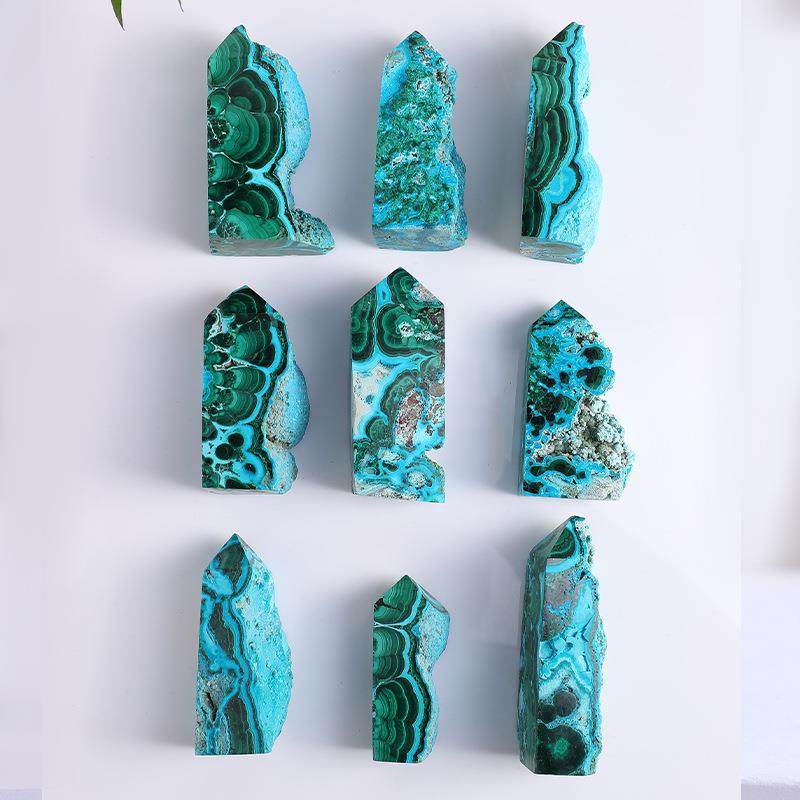 天然水晶硅孔雀石四面柱原石打磨矿物科普标本收藏摆件跨境热销石