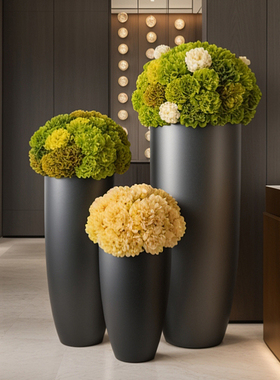 玻璃钢银灰色落地大花瓶简约现代架空层酒店装饰品插绣球美陈花器