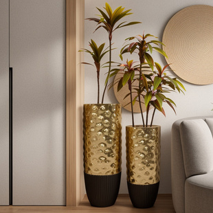 美陈玻璃钢落地大花瓶轻奢家居样板间酒店装饰品电镀金色圆柱花器