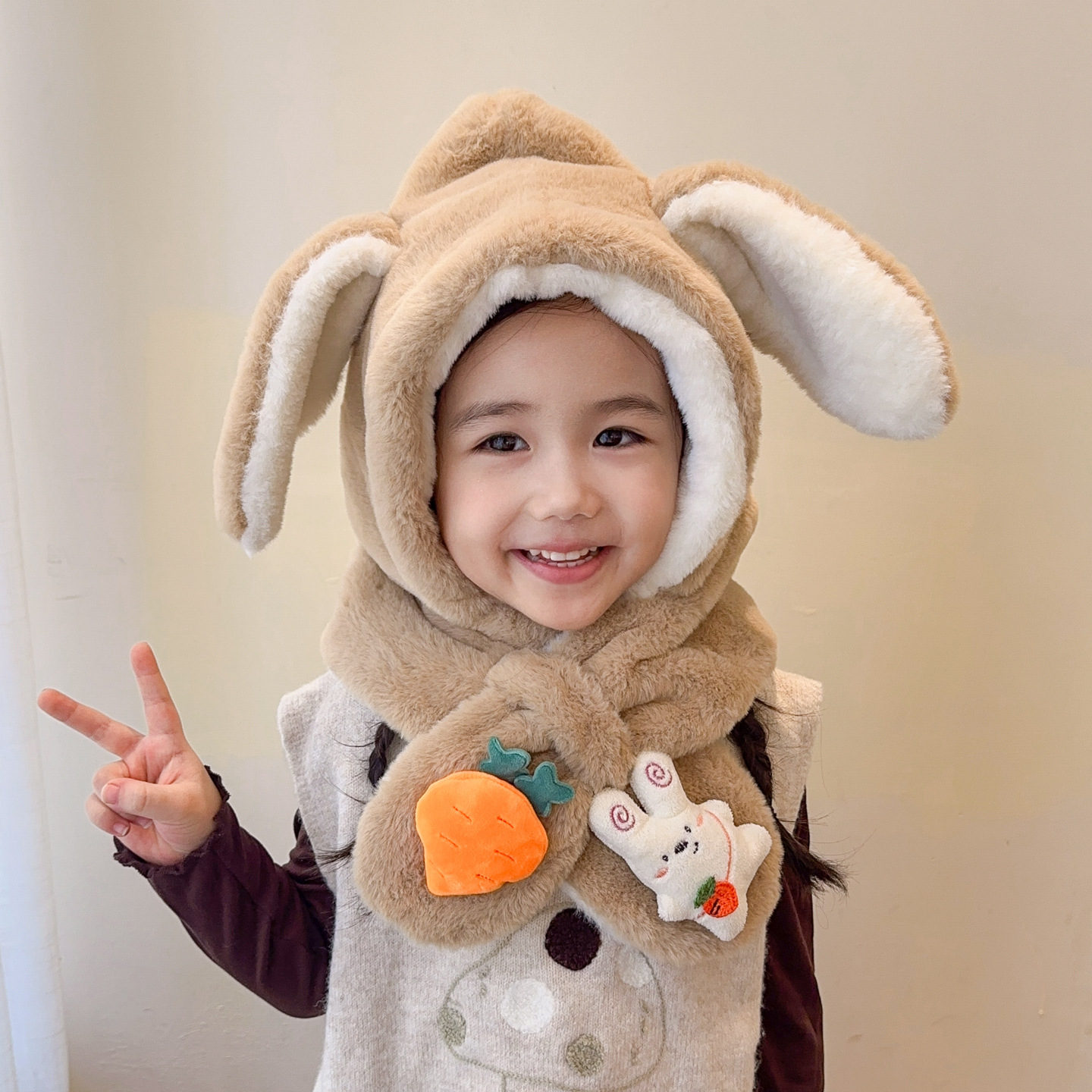 儿童围巾秋冬保暖宝宝毛绒围脖韩版可爱兔子柔软脖套帽子围巾一体
