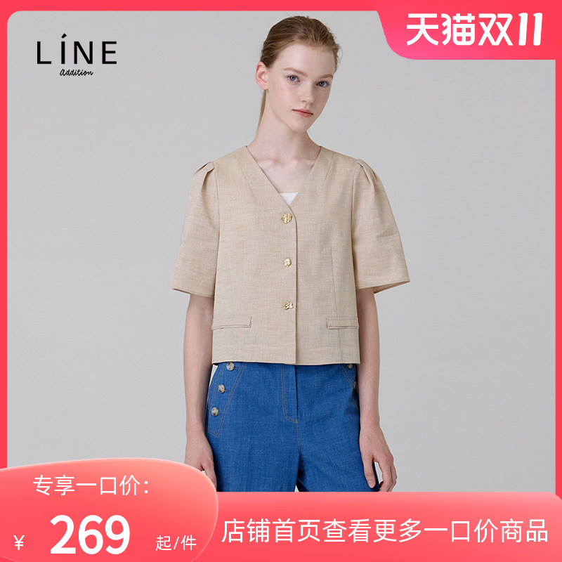 line韩国女装秋季新品V领修身纯色亚麻短袖衬衫AWBLLG0800