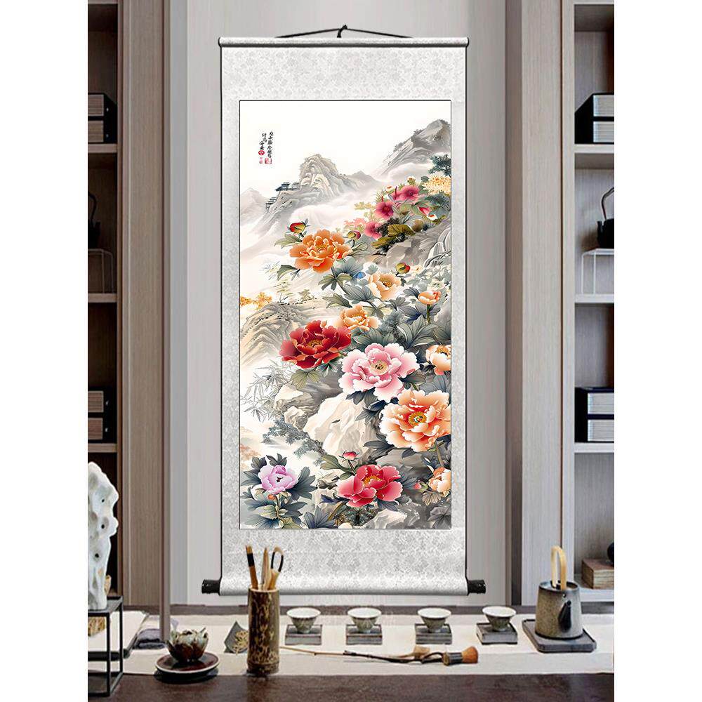 竖款牡丹花开富贵卷轴挂画客厅玄关入户山水字画卧室花鸟装饰国画