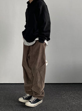BasicMatch白色/棕色解构灯芯绒长裤弯刀裤茧型工装裤