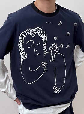 BasicMatch藏蓝色轻绒感磨毛抗菌速干涂鸦印花短袖T恤