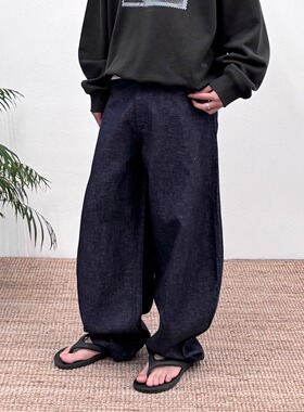 BasicMatch靛蓝色棉麻宽松弯刀休闲长裤