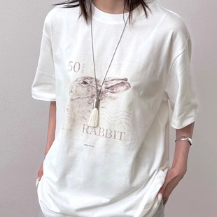 T恤 长袖 BasicMatch男女款 白色抗菌速干复古邮票印花小兔印花短袖
