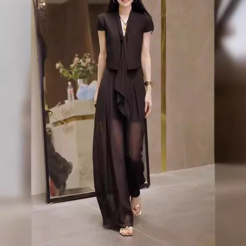 法国george melis夏季新款盐系轻熟黑色上衣薄纱裤子两件套女