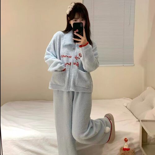 法国entle motto实体半边绒软绵绵睡衣女冬季开衫拉链毛毛领奢华