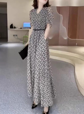 法国george melis夏季新款高级感优雅复古碎花v领长款连衣裙女