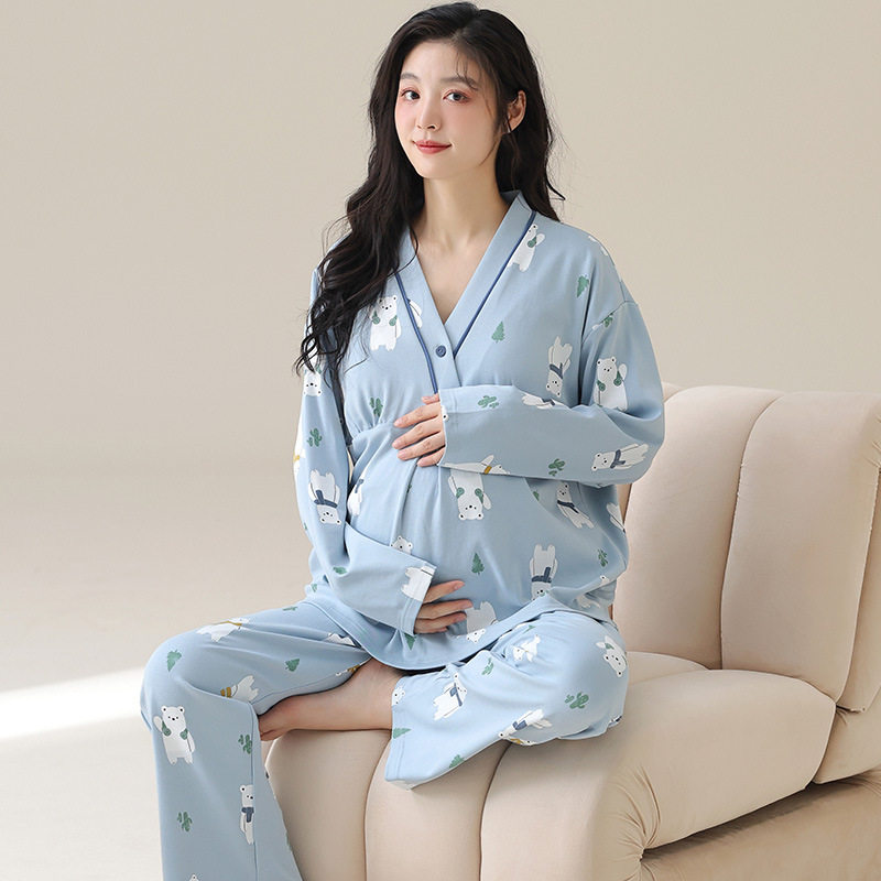 法国entle motto秋冬季长袖套头产妇月子服带胸垫仿棉家居服套装