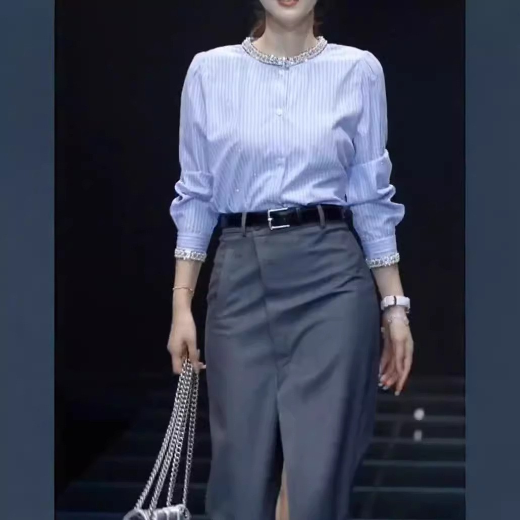 法国george melis秋季新款港风复古通勤重工衬衫开叉半身裙女