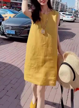 法国george melis夏季新款黄色无袖连衣裙胖mm遮肚显瘦女