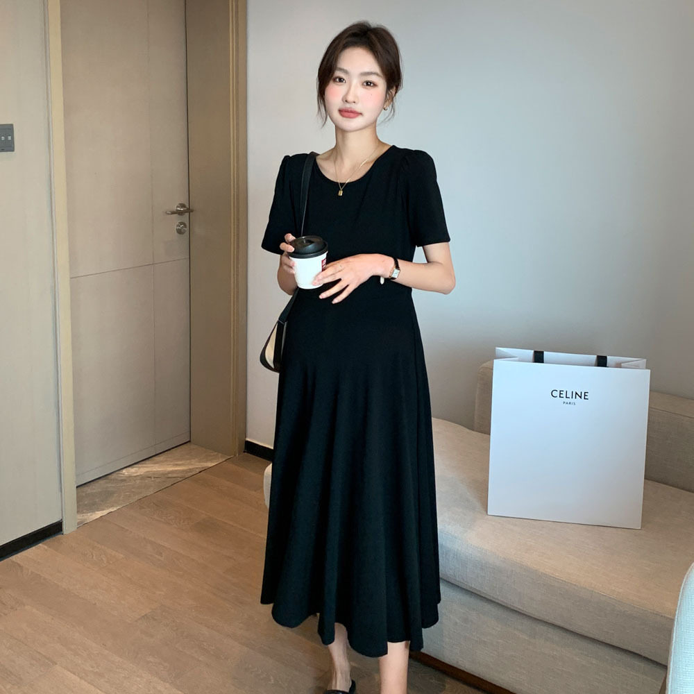 日本微风系列夏季新款孕妇裙休闲高腰显瘦圆领连衣裙中长款光板
