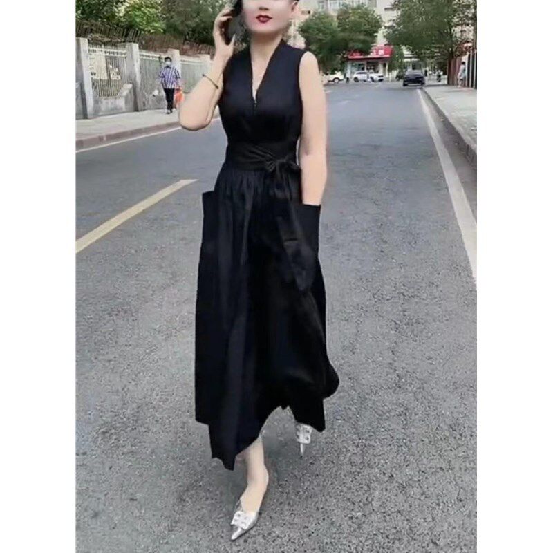 法国george melis夏季新款黑色v领无袖长款连衣裙修身显瘦女裙