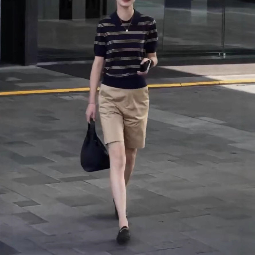 法国george melis夏季新款翻领条纹短袖polo衫高腰短裤显瘦女