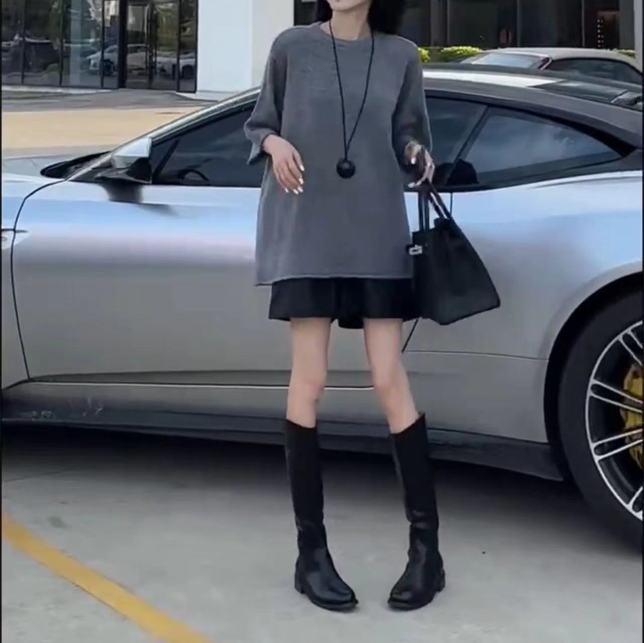 法国george melis新款简约灰色宽松上衣高腰阔腿短裤女潮