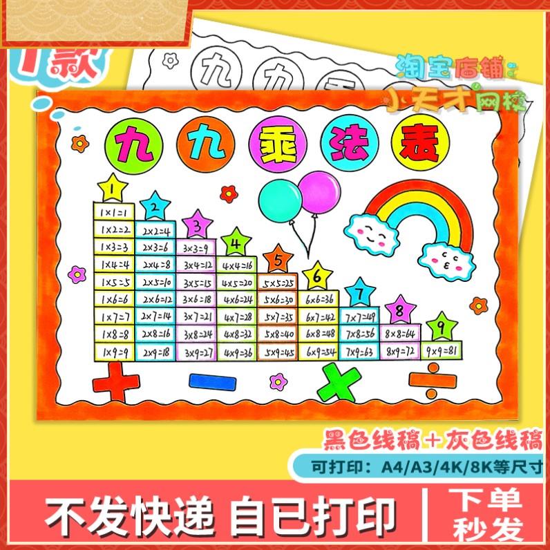 乘法口诀表手抄报小九九小报电子模板小学生数学主题黑白线稿t705