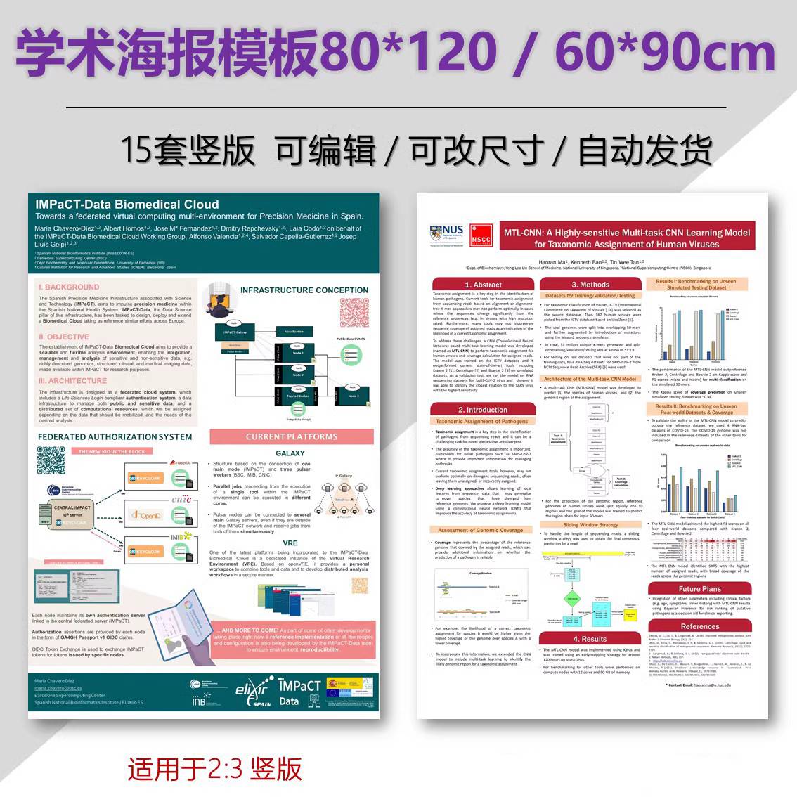 学术poster海报壁报墙报模板80*120 60*90 ppt格式竖版15个