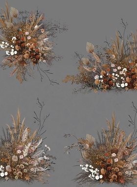 秋系复古咖褐灰色婚礼手绘花艺效果图素材PSD分层