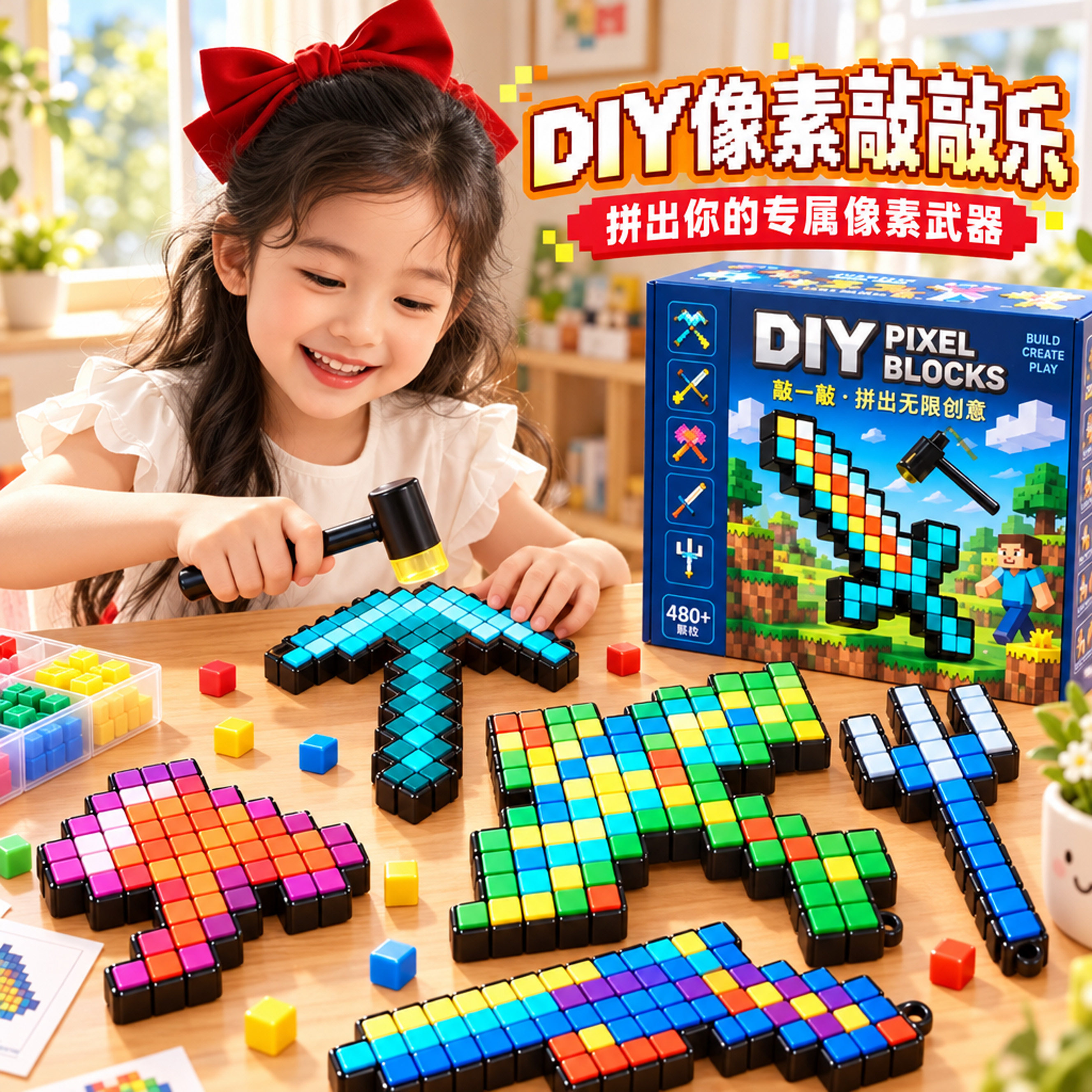 敲豆豆手工DIY拼豆敲敲乐像素敲方块工具模版儿童拼装3d打印玩具