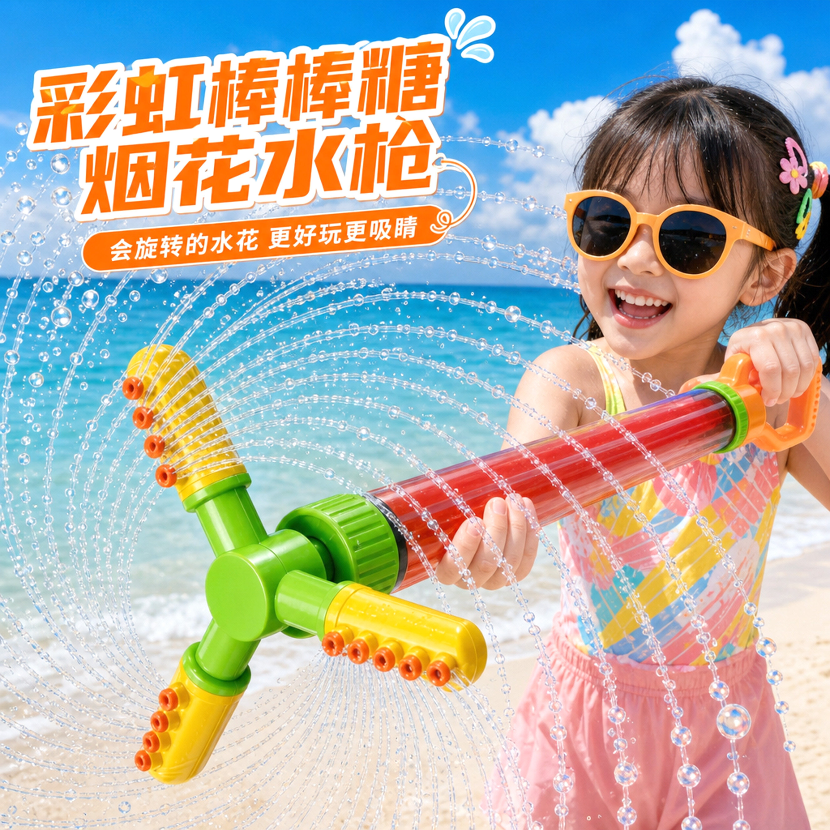 儿童彩虹棒棒糖烟花水枪玩具喷水抽拉式女孩夏户外拍照呲玩水装备