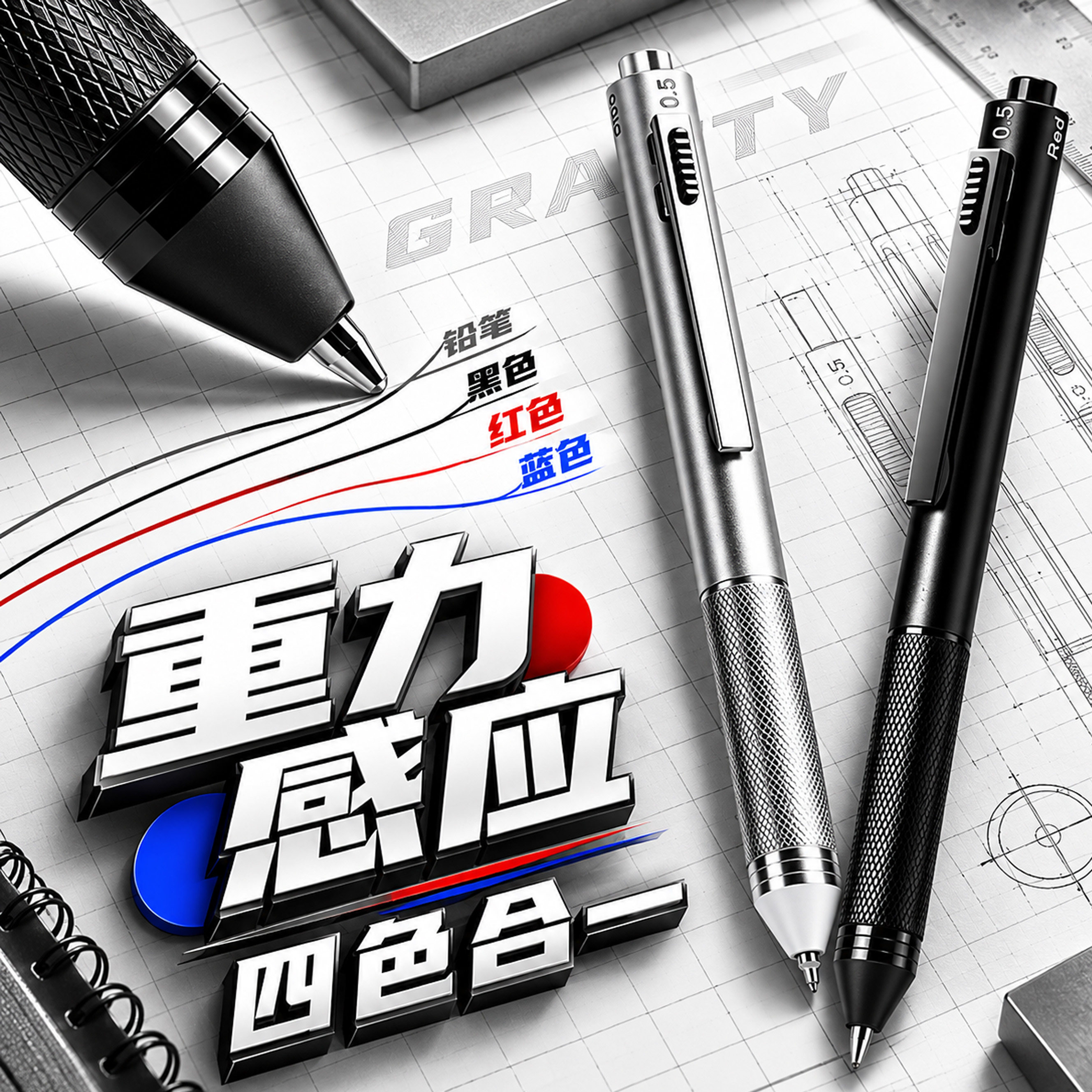 黑科技重力感应笔四合一多色按动中性笔高颜值ins风商务签字笔学生专用自动铅笔黑红笔芯2026热销油性圆珠笔2