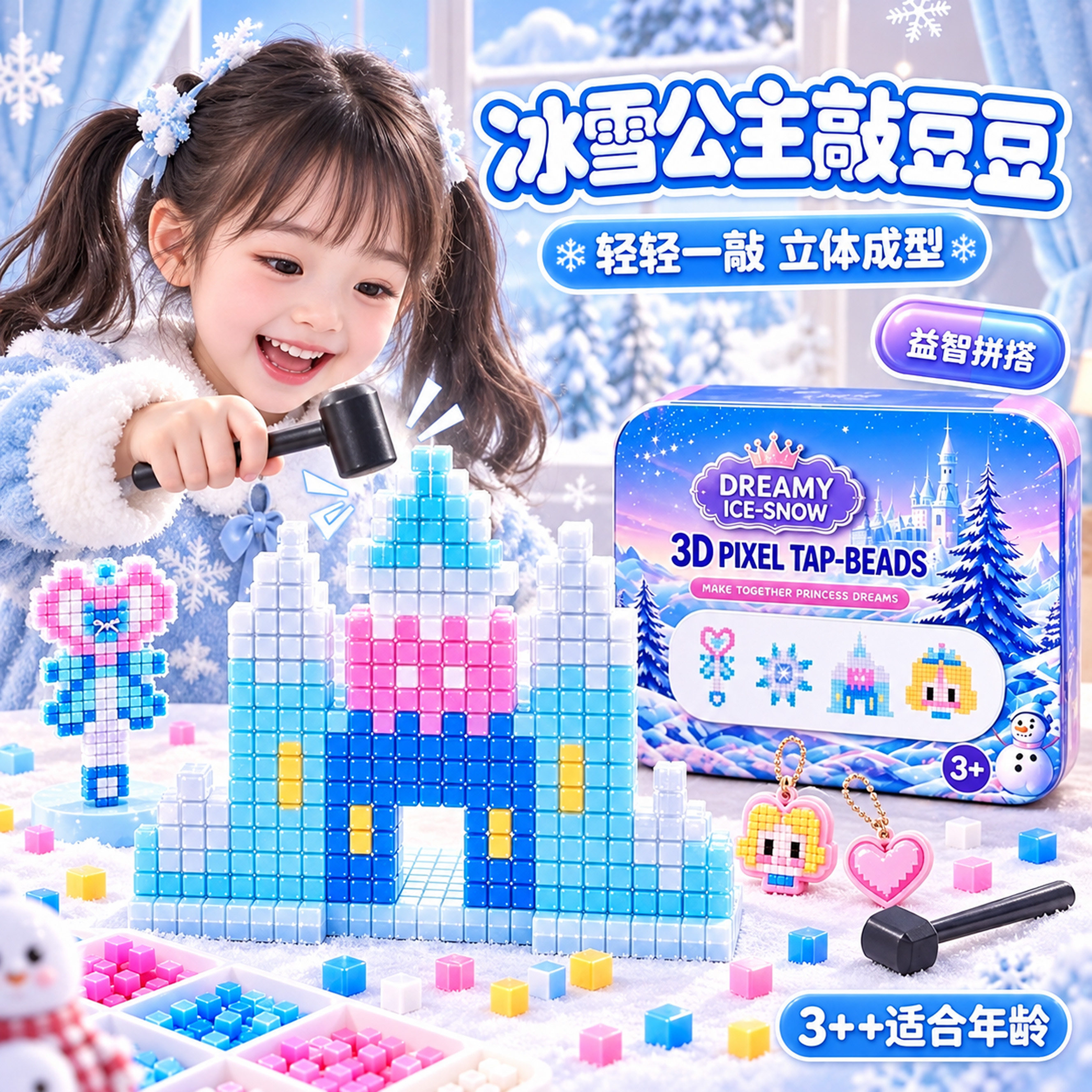 艾莎公主像素敲豆豆玩具儿童女孩手工diy敲方块拼豆模板全套工具