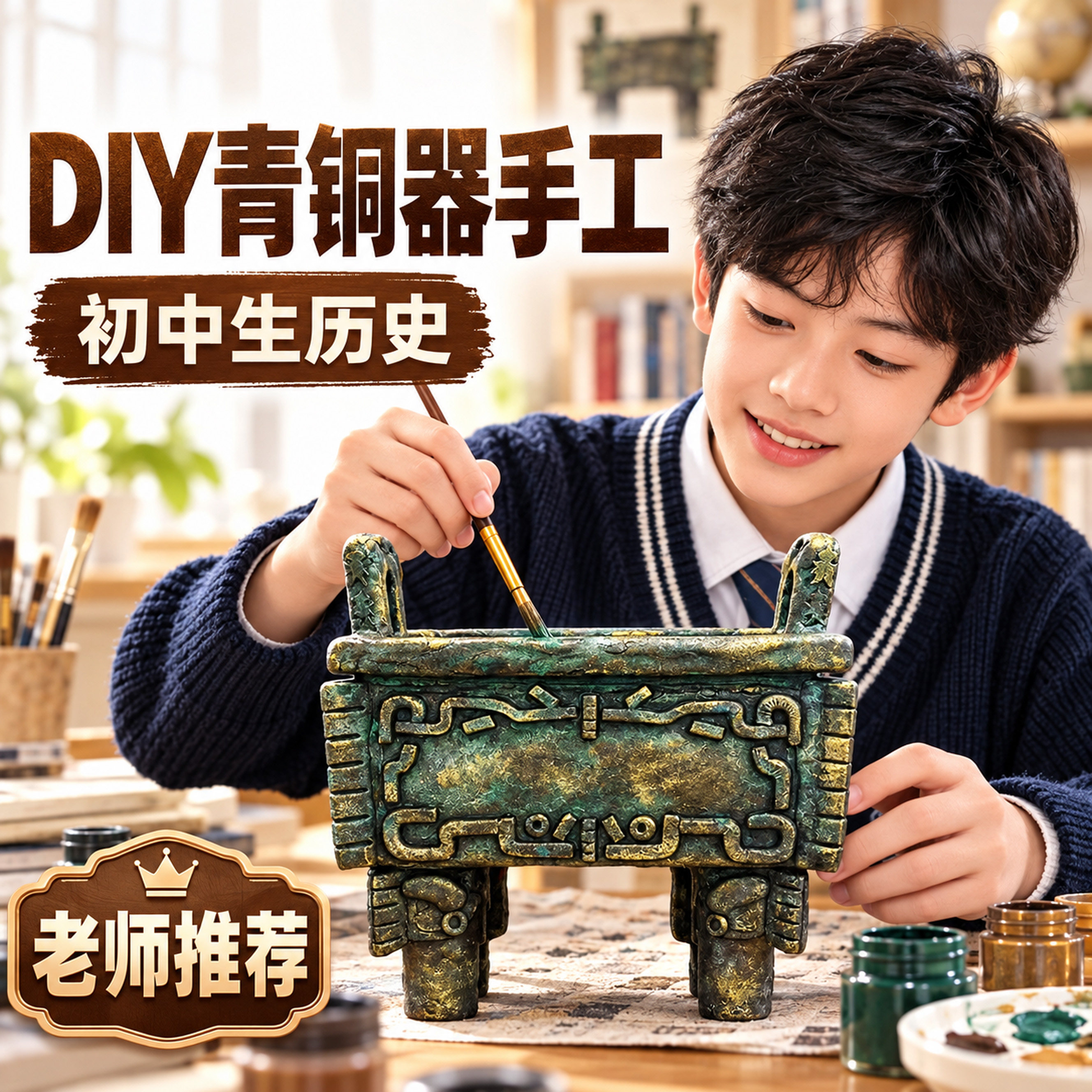 司母戊鼎手工diy木质青铜器摆件历史作业白坯模型黏土制作材料包9