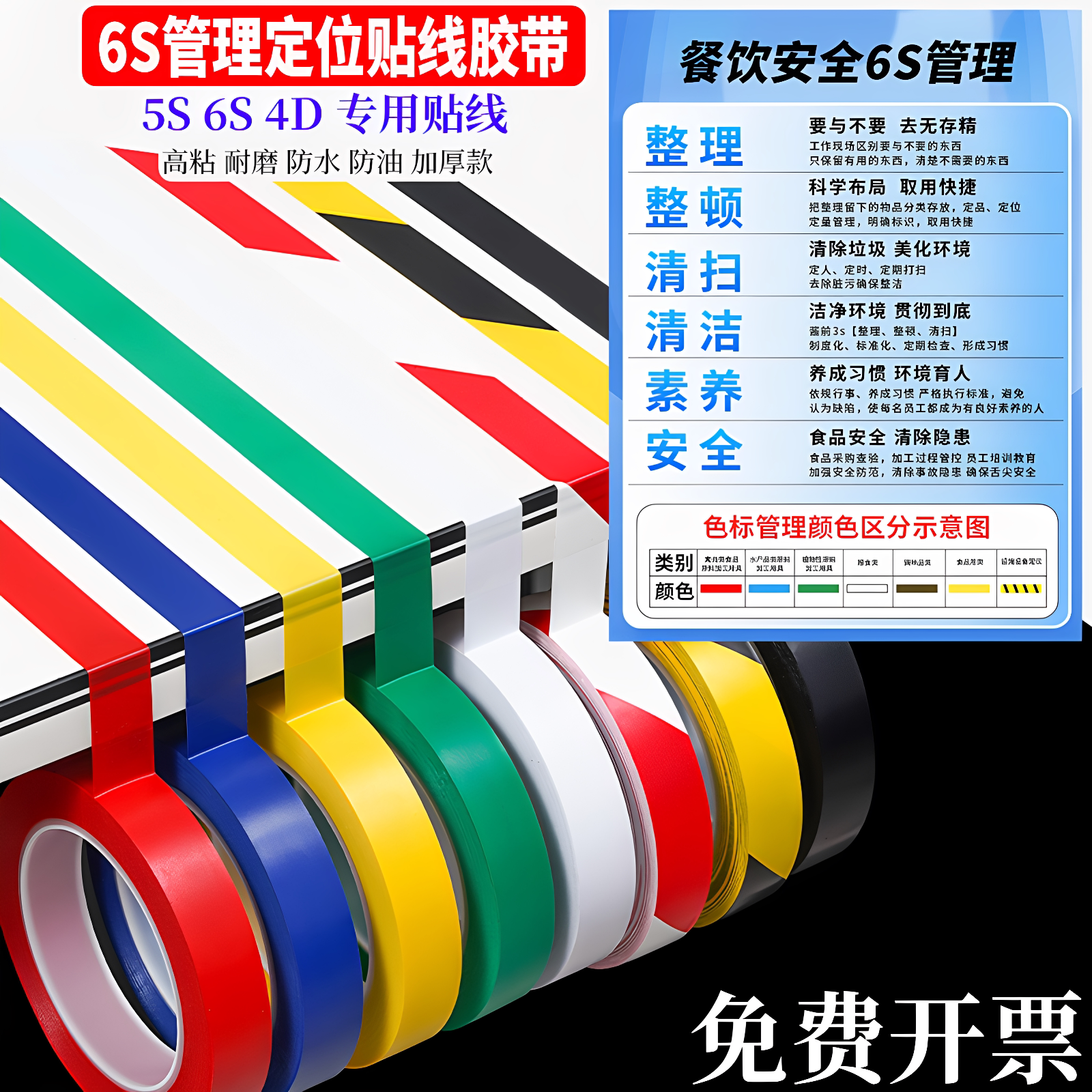彩色5s定位胶带红色窄胶布桌面墙面餐饮厨房4D6S管理分区贴线标记黄蓝绿黑白分割线PVC无痕胶33米