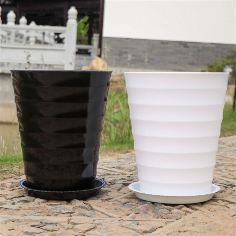 花盆陶瓷特大号30cm以上超大螺纹加厚黑白色仿陶瓷树脂塑料送托盘
